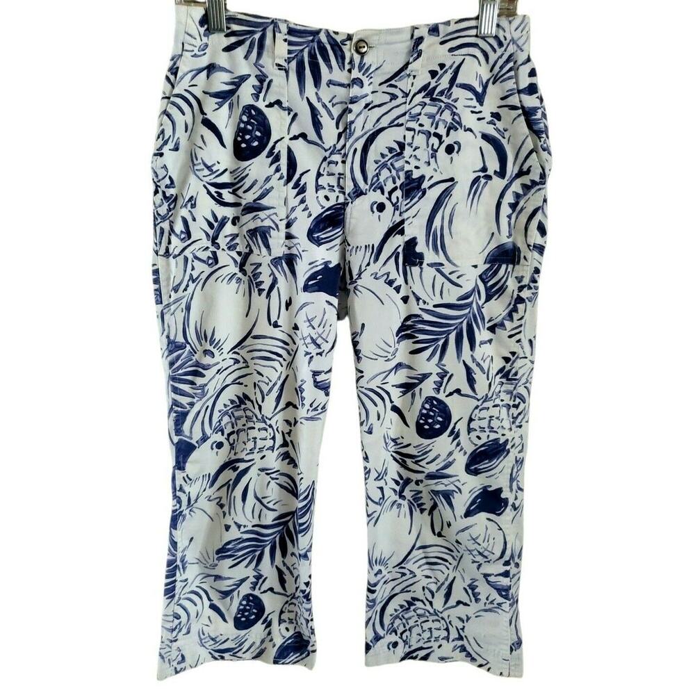 Chico's Blue & White Tropical Print Cotton Stretch Crop Pants Sz 0 or S